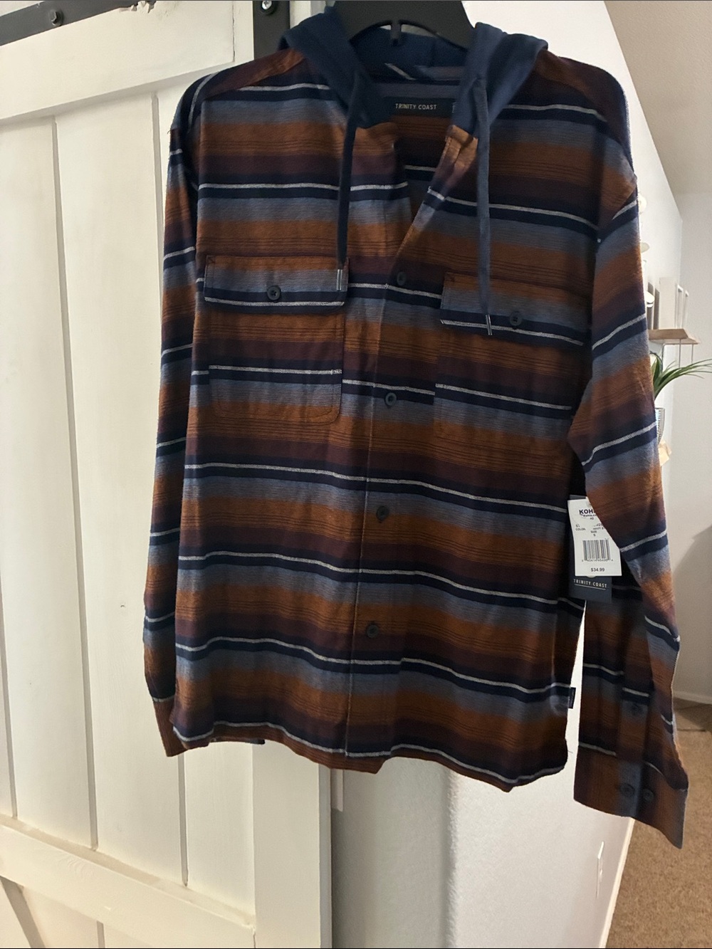 NWT ! Trinity Hooded Striped Flannel Shirt Jacket in Brown and Navy